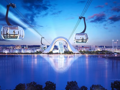 Scenic Cable Car Rides Over Water With Arched Structure And Cityscape At Dusk 3d model