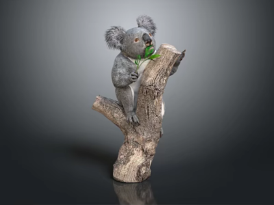 Cute Koala Clinging to Tree Branch Holding Fresh Eucalyptus Leaves 3d model