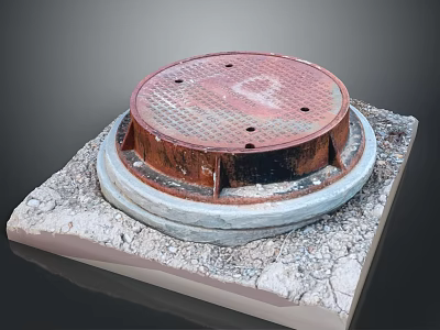 Red Rusty Circular Manhole Cover On Concrete Square Slab With Cracks 3d model