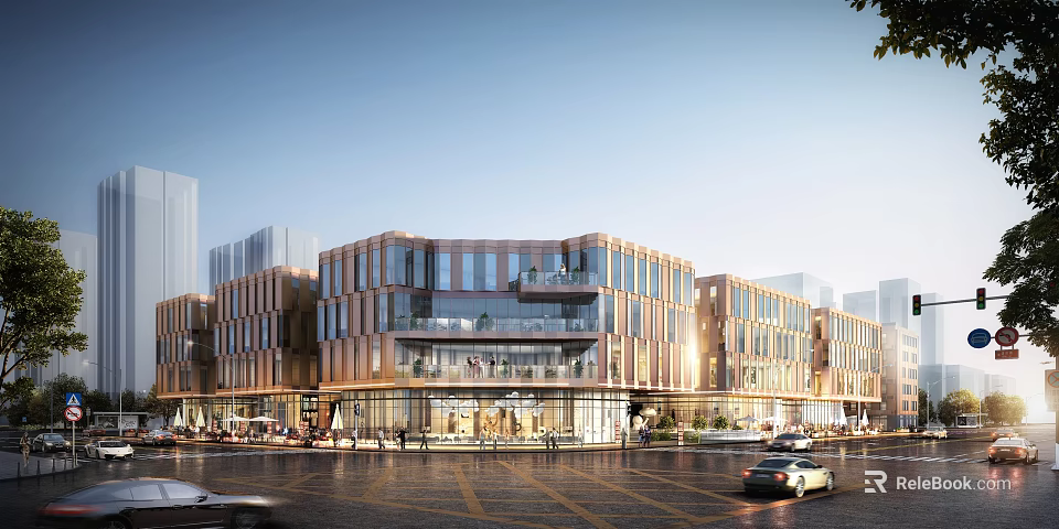 Lively Commercial Street With Modern Multistory Glass Buildings Pedestrians And Shops 3d model 