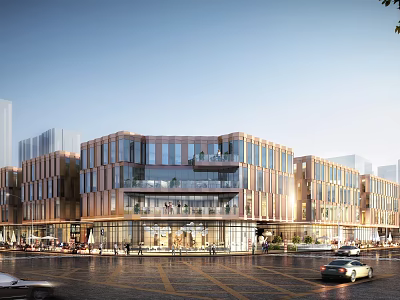 Lively Commercial Street With Modern Multistory Glass Buildings Pedestrians And Shops 3d model