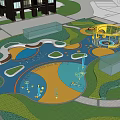 Kids Play Area with Colorful Ground Circle of All Life Text Play Structures and Trees