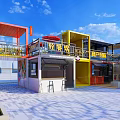 Vibrant Commercial Street With KFC Restaurant Colorful Buildings And Outdoor Seating