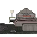 Modern Double Bed With Arched Headboard Multiple Pillows Nightstands Table Lamps Knitted Ottoman And Cozy Rug