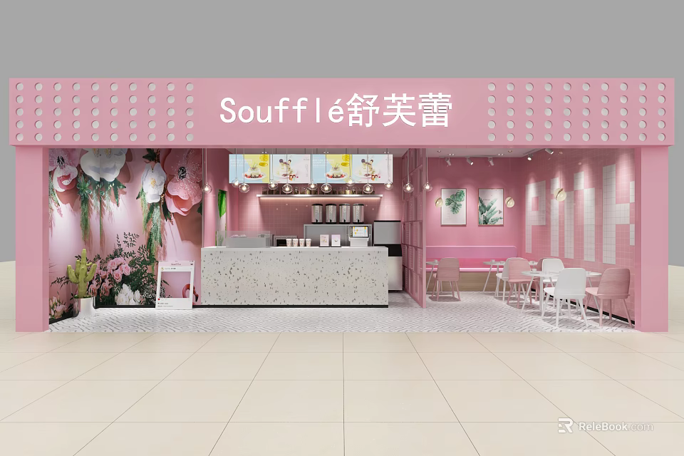 Pink Souffle Dessert Shop Interior With Flower Decorations And White Tables 3d model 