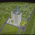 Modern Office Building Exterior With Tall High Rise Structure Greenery And Cars On Road