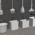 Modern Bathroom White Sinks And Hanging Cleaning Tools On Gray Wall 3d model