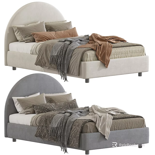 Kids Bed With Curved Headboard Light Gray Beige Soft Blankets Decorative Pillows 3d model 