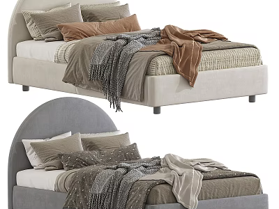 Kids Bed With Curved Headboard Light Gray Beige Soft Blankets Decorative Pillows 3d model