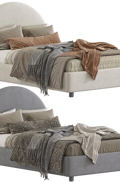 Kids Bed With Curved Headboard Light Gray Beige Soft Blankets Decorative Pillows 3d model