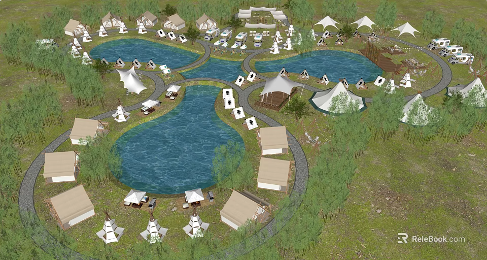 Garden Landscape With Blue Ponds White Tents Cabins And Greenery Paths 3d model 