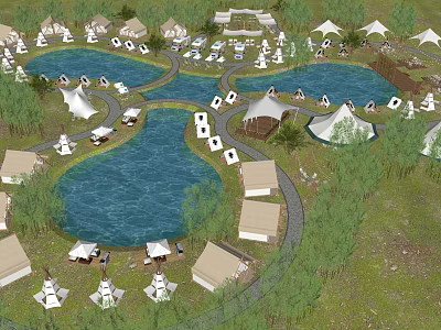 Garden Landscape With Blue Ponds White Tents Cabins And Greenery Paths 3d model