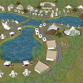 Garden Landscape With Blue Ponds White Tents Cabins And Greenery Paths