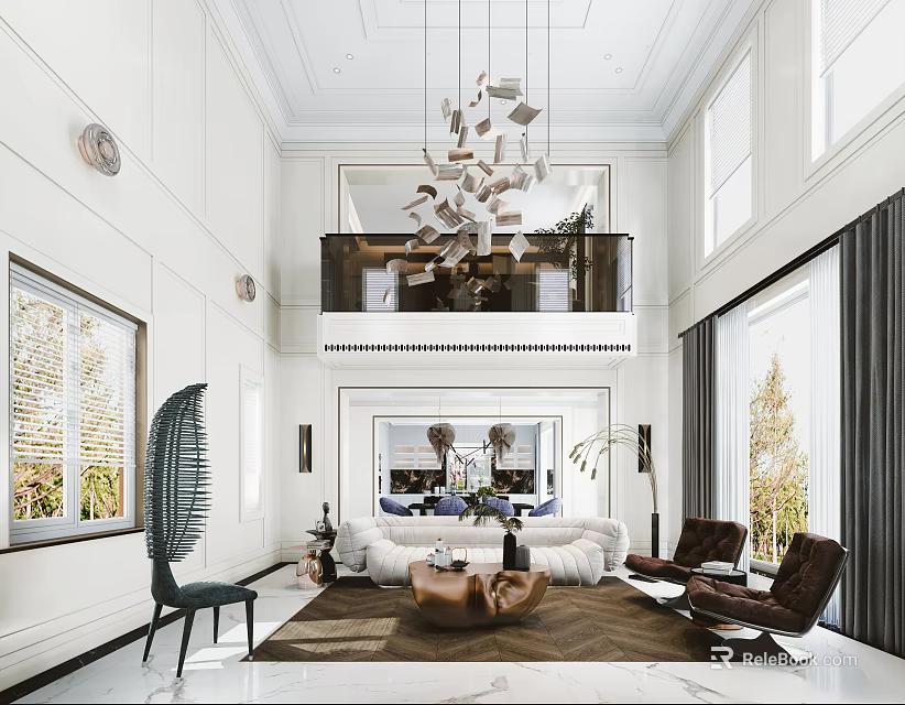 Modern Duplex Living Room Design With High Ceiling And Large Windows 3d model