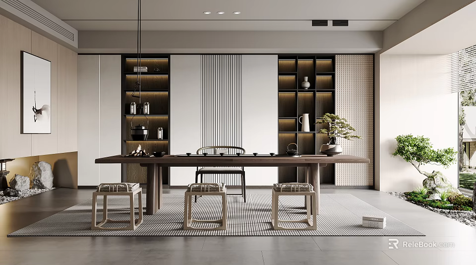 Modern Tea Room Interior With Long Wooden Table Chairs Shelves And Potted Plant 3d model 