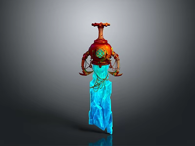 Ornate Sword With Red Brown Top Green Accents And Blue Icy Blade Design 3d model