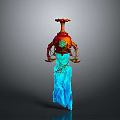 Ornate Sword With Red Brown Top Green Accents And Blue Icy Blade Design