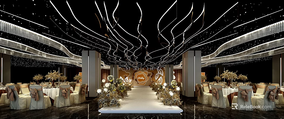 Luxurious Wedding Banquet Hall With Curved Chandeliers White Carpet And Floral Arrangements 3d model 