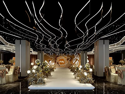 Luxurious Wedding Banquet Hall With Curved Chandeliers White Carpet And Floral Arrangements 3d model