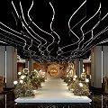 Luxurious Wedding Banquet Hall With Curved Chandeliers White Carpet And Floral Arrangements