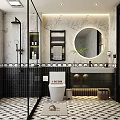 Modern Bathroom With Glass Shower Enclosure Round Mirror Marble Wall And Black White Tile Floor