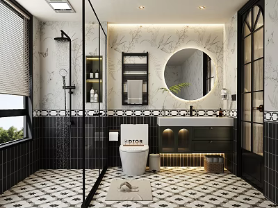 Modern Bathroom With Glass Shower Enclosure Round Mirror Marble Wall And Black White Tile Floor 3d model