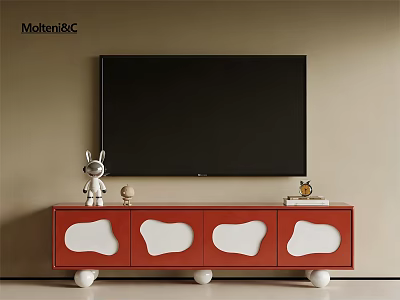 Red TV Stand Featuring White Cloud Shaped Doors Spherical Legs and Rabbit Figurine Globe 3d model