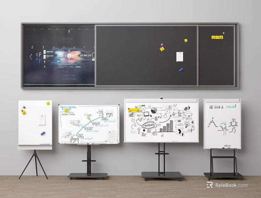 Modern Collaborative Workspace Setup With Black Bulletin Board And Whiteboards Featuring Hand Drawn Charts 3d model 
