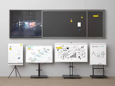 Modern Collaborative Workspace Setup With Black Bulletin Board And Whiteboards Featuring Hand Drawn Charts 3d model