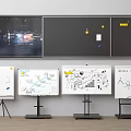 Modern Collaborative Workspace Setup With Black Bulletin Board And Whiteboards Featuring Hand Drawn Charts 3d model
