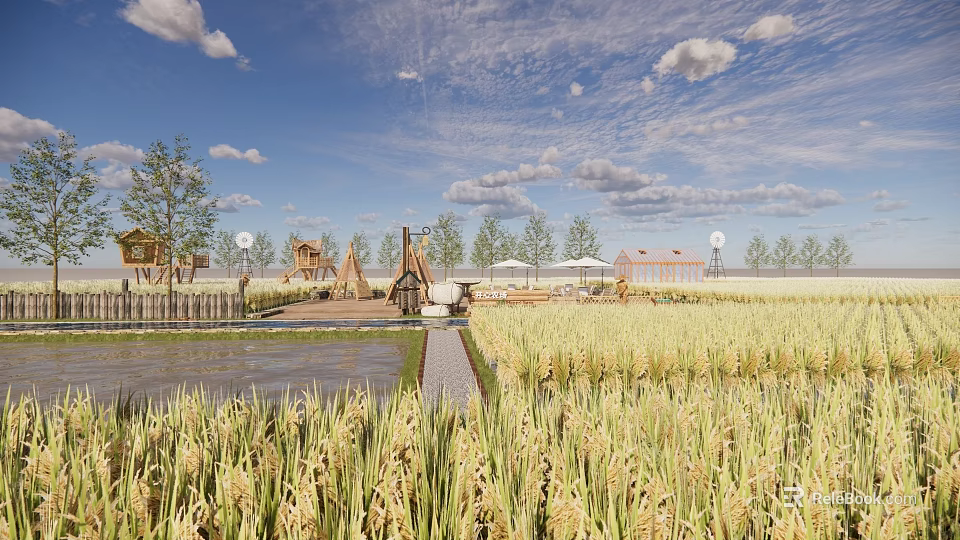 Tranquil Rural Landscape With Golden Rice Fields Traditional Huts Small Pond And Cloudy Sky 3d model 