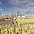 Tranquil Rural Landscape With Golden Rice Fields Traditional Huts Small Pond And Cloudy Sky