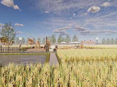 Tranquil Rural Landscape With Golden Rice Fields Traditional Huts Small Pond And Cloudy Sky 3d model