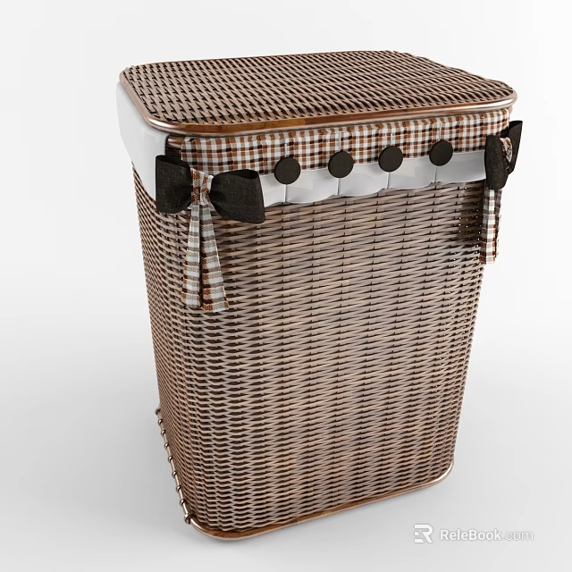 Brown Woven Storage Basket With Plaid Top Black Bows White Trim And Black Buttons 3d model 