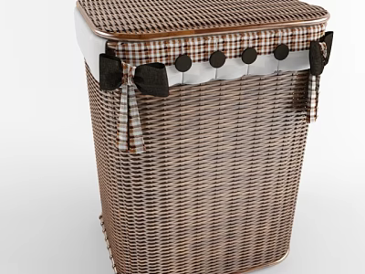 Brown Woven Storage Basket With Plaid Top Black Bows White Trim And Black Buttons 3d model