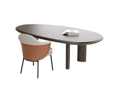 Modern Oval Wooden Desk With Open Book And Light Gray Brown Chair 3d model