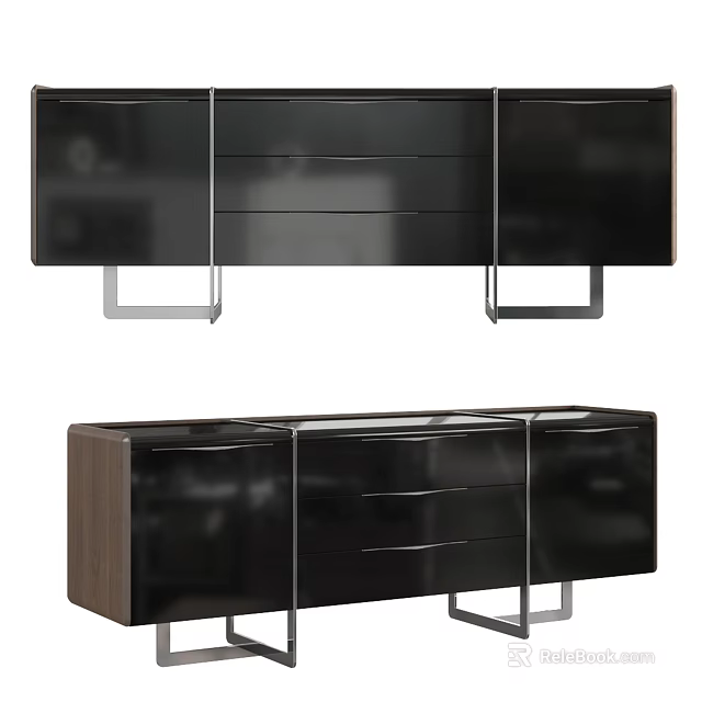 Modern Sideboard Design With Black Glass Panels Metal Legs And Drawers 3d model 