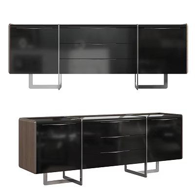 Modern Sideboard Design With Black Glass Panels Metal Legs And Drawers 3d model