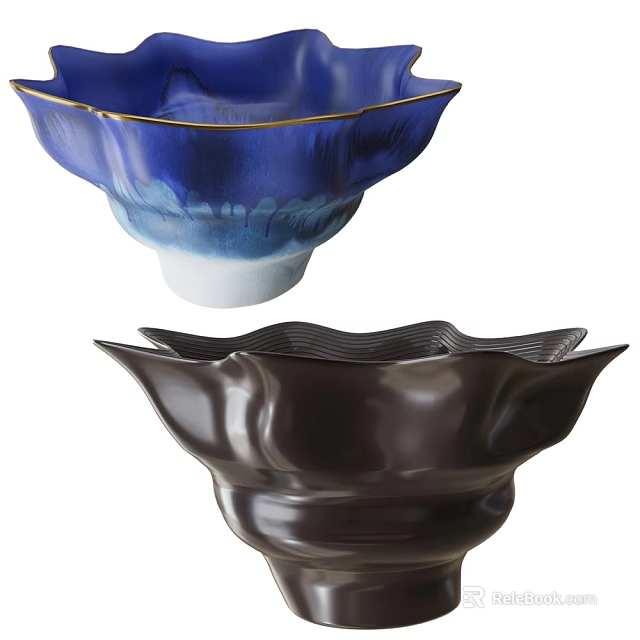 Decorative Petal Shaped Vases in Blue and Dark Brown with Gold Rim and Wavy Design 3d model 
