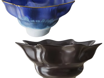 Decorative Petal Shaped Vases in Blue and Dark Brown with Gold Rim and Wavy Design 3d model