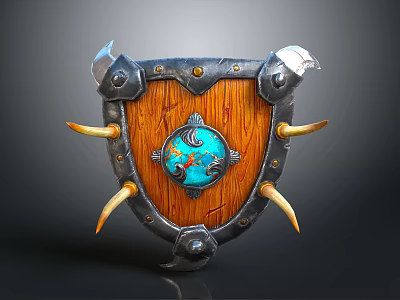Ornate Wooden Shield With Blue Center Metal Frame And Horn Spikes 3d model