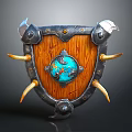Ornate Wooden Shield With Blue Center Metal Frame And Horn Spikes