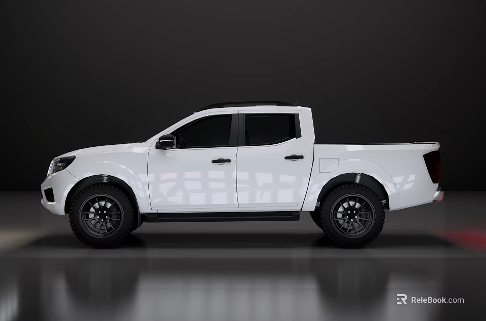 White Double Cab Pickup Truck With Black Rims Parked On Smooth Reflective Dark Surface 3d model 