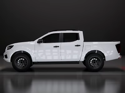 White Double Cab Pickup Truck With Black Rims Parked On Smooth Reflective Dark Surface 3d model