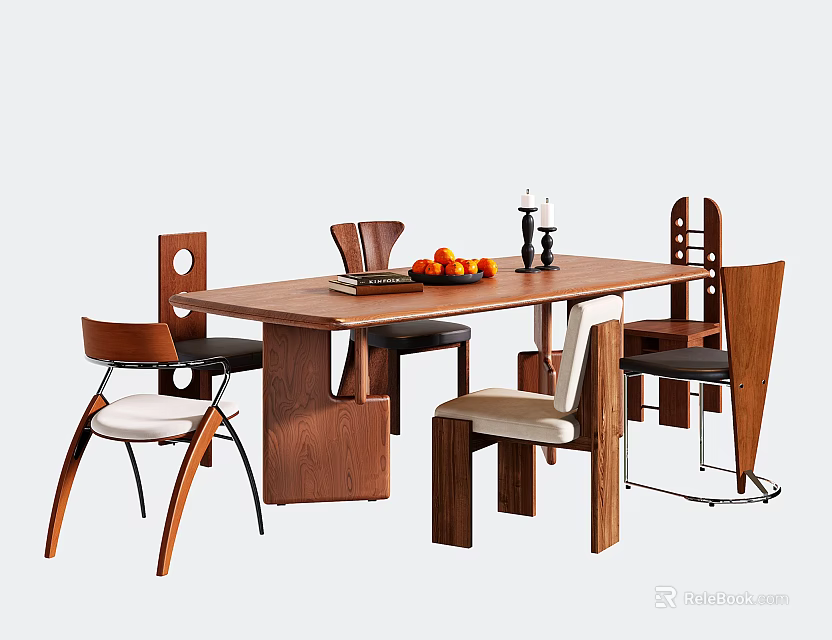 Modern Wooden Dining Table And Unique Design Chairs Set With Fruits And Candles 3d model 