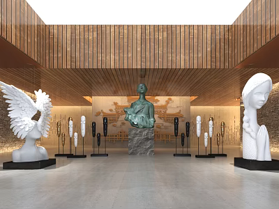 Exhibition Hall Interior With Wooden Ceiling Central Bronze Sculpture And White Winged Statues 3d model