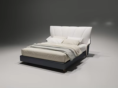 Modern Double Bed Design With White Upholstered Headboard And Dark Frame Striped Bedding 3d model