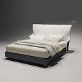 Modern Double Bed Design With White Upholstered Headboard And Dark Frame Striped Bedding 3d model