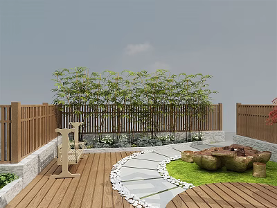 Bamboo Fence And Green Plants On Wooden Deck With Stone Path And Bench 3d model