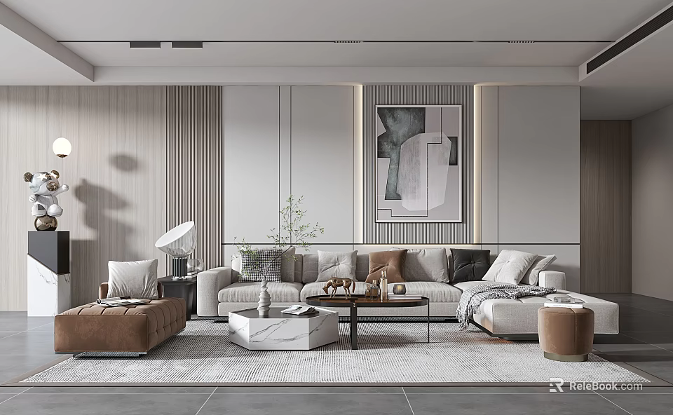 Modern Living Room Interior With Comfortable Sofa Coffee Table Artwork And Floor Lamp 3d model 